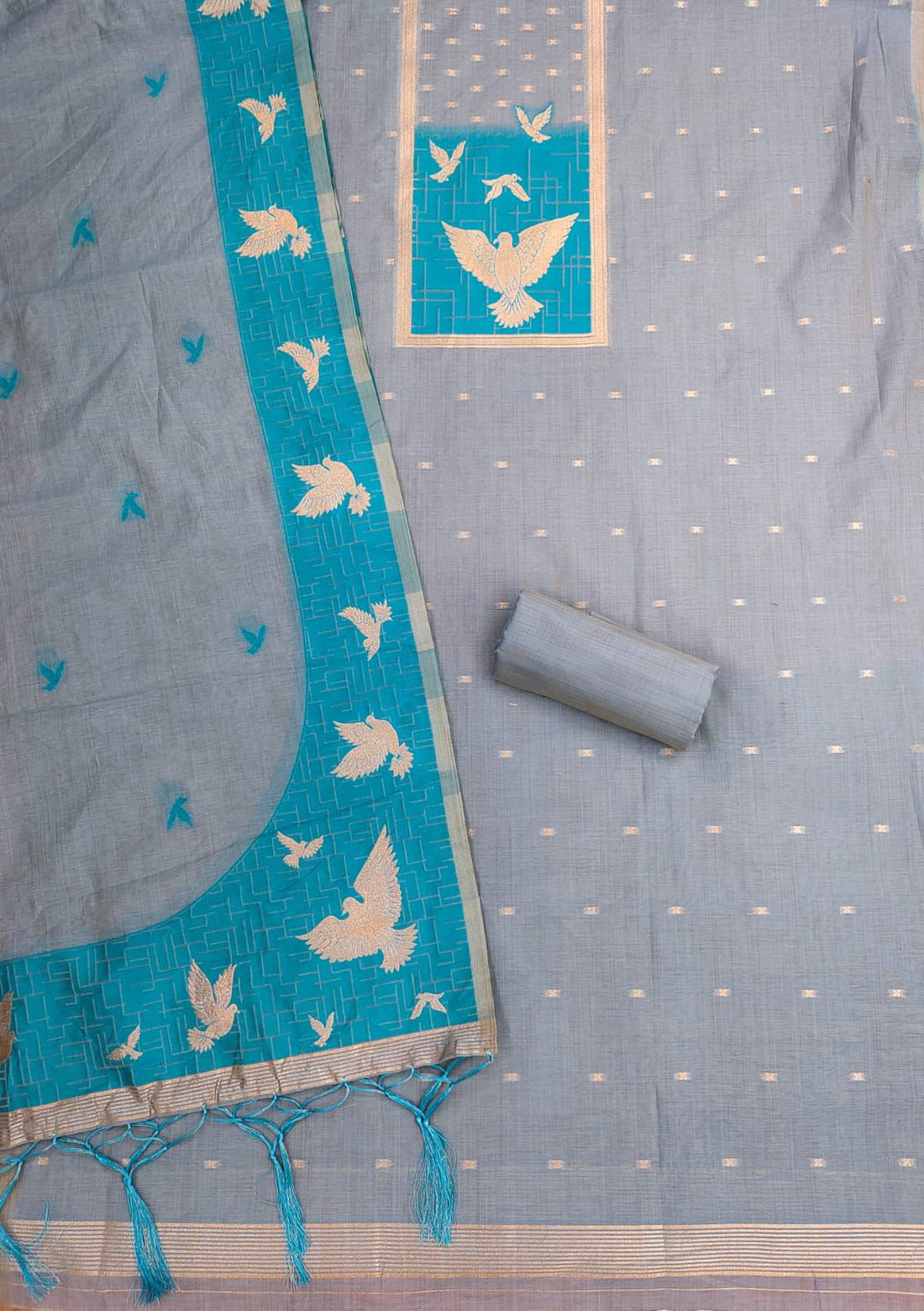 Grey Pure Muga Cotton Jamdani Pichai Weaving Salwar Suit 