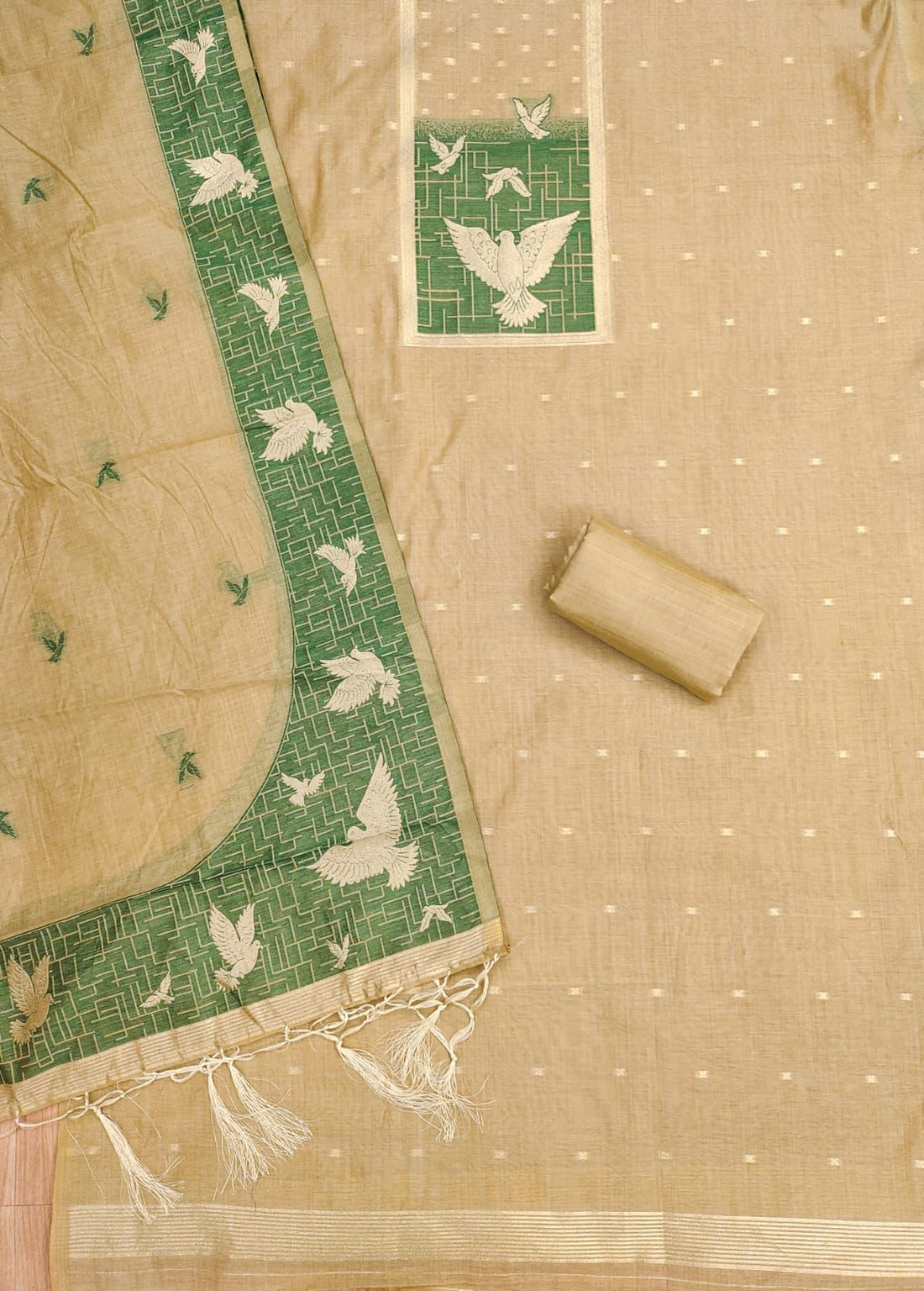 Beige Pure Muga Cotton Jamdani Pichai Weaving Salwar Suit 