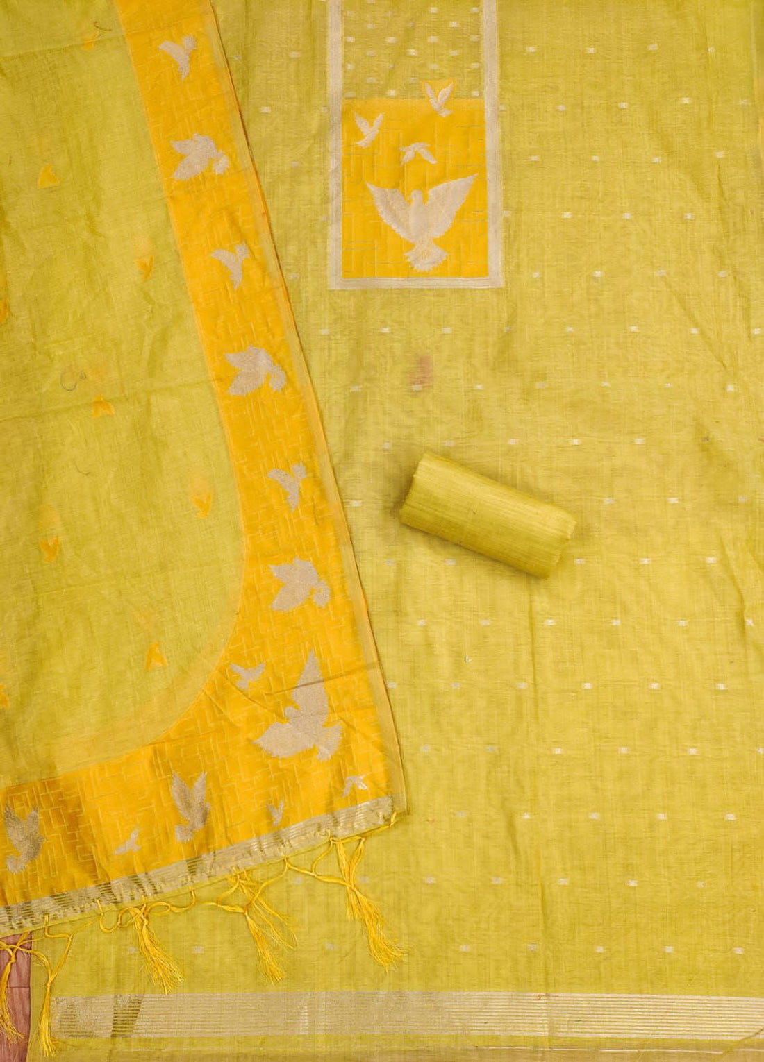 Yellow Pure Muga Cotton Jamdani Pichai Weaving Salwar Suit 