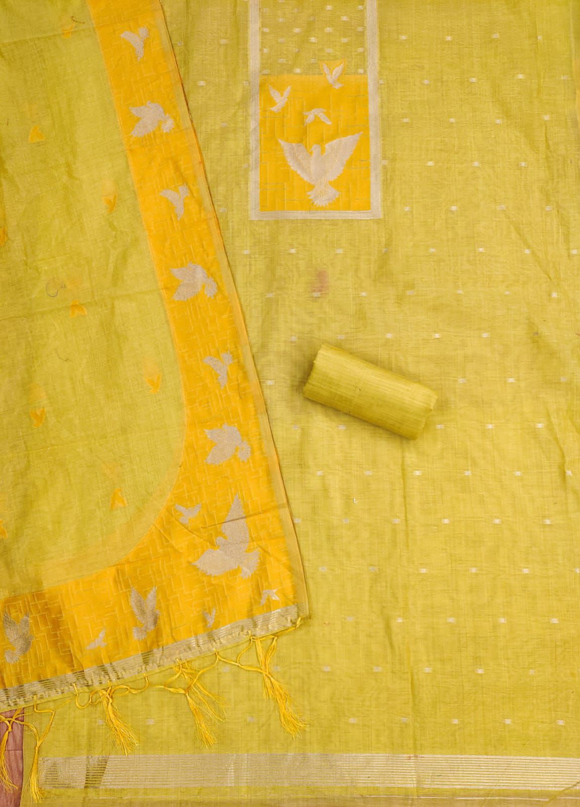 Yellow Pure Muga Cotton Jamdani Pichai Weaving Salwar Suit 
