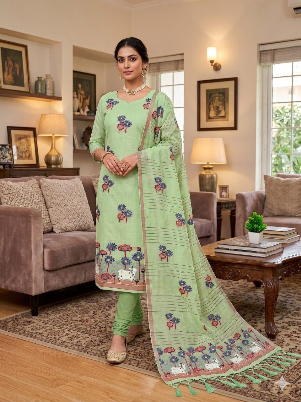 Green Pure Muga Cotton Jamdani Pichai Weaving Salwar Suit 
