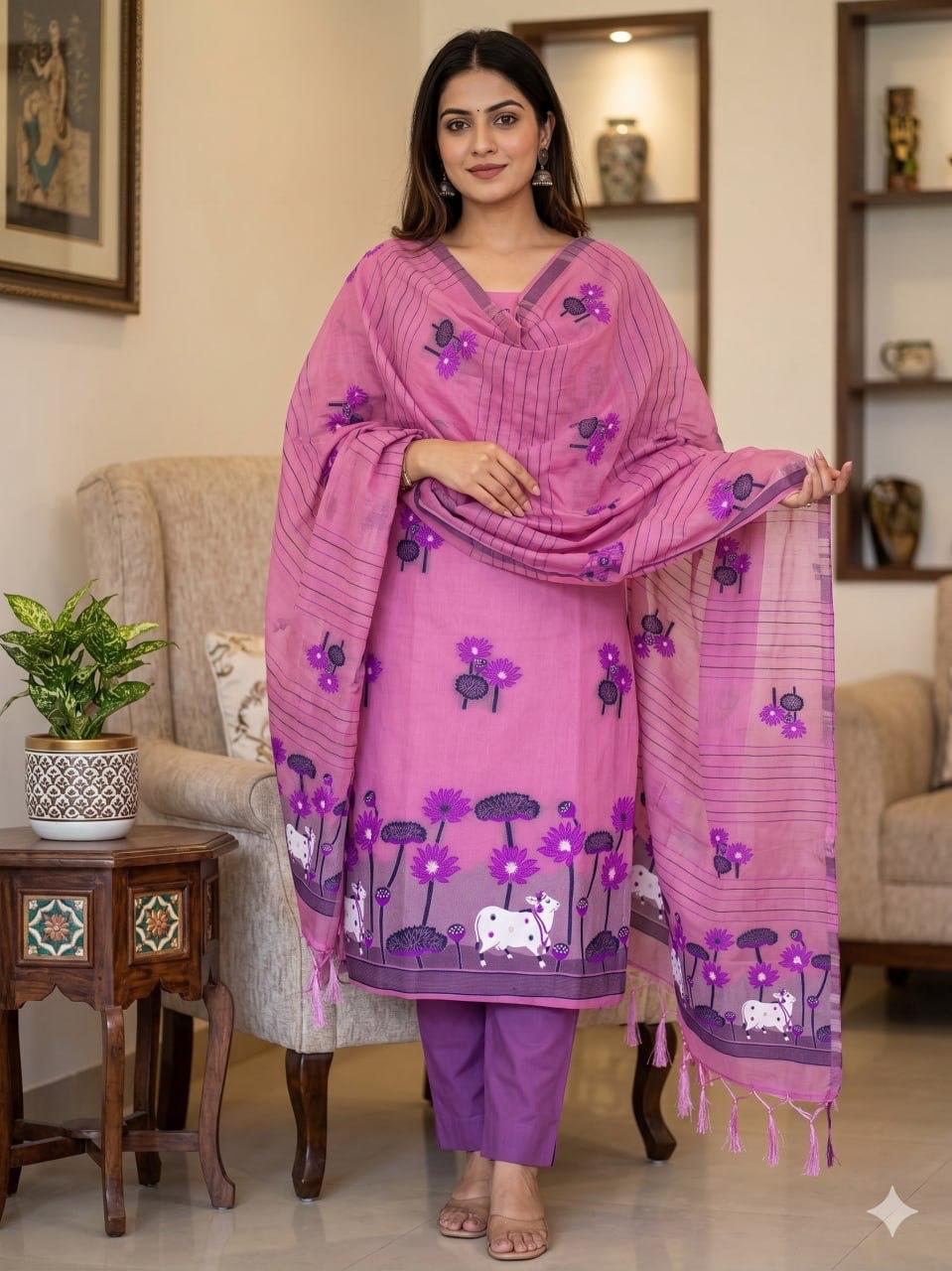 Pink Pure Muga Cotton Jamdani Pichai Weaving Salwar Suit 