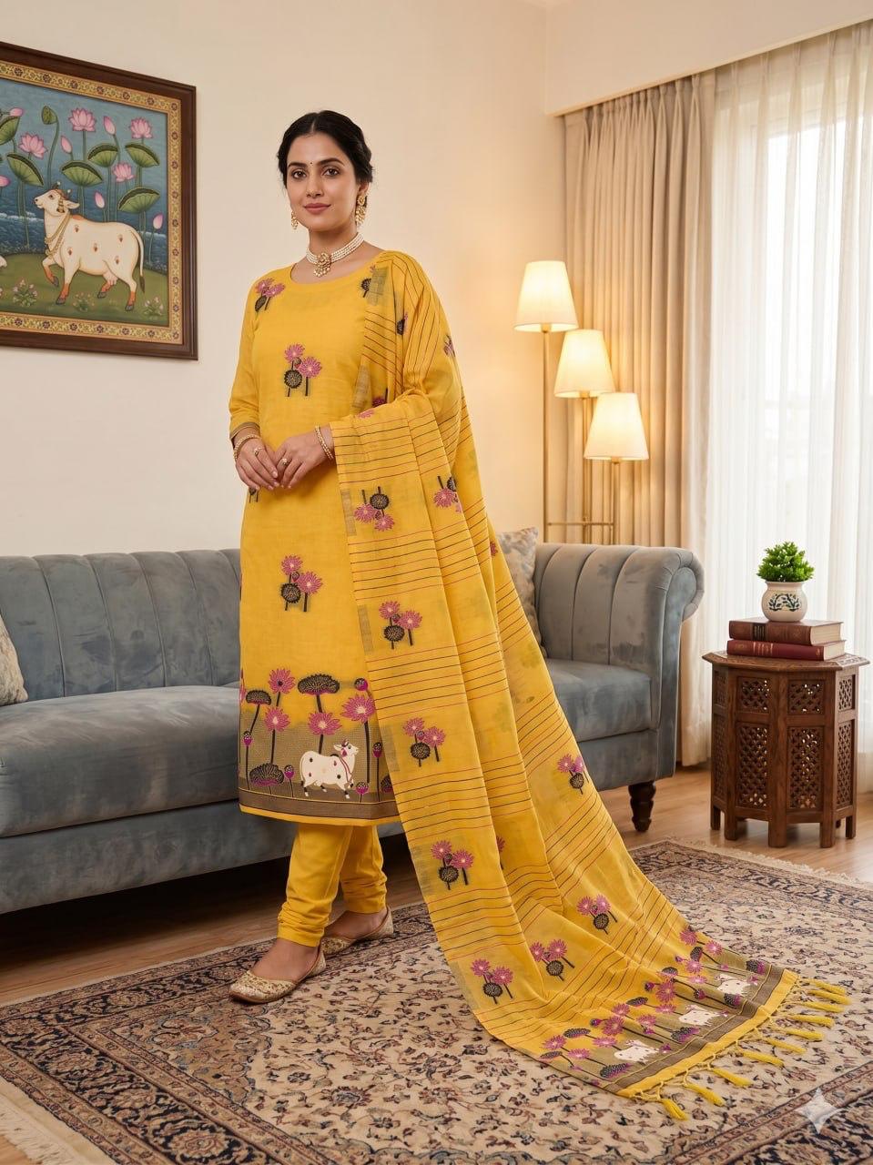 Yellow Pure Muga Cotton Jamdani Pichai Weaving Salwar Suit 