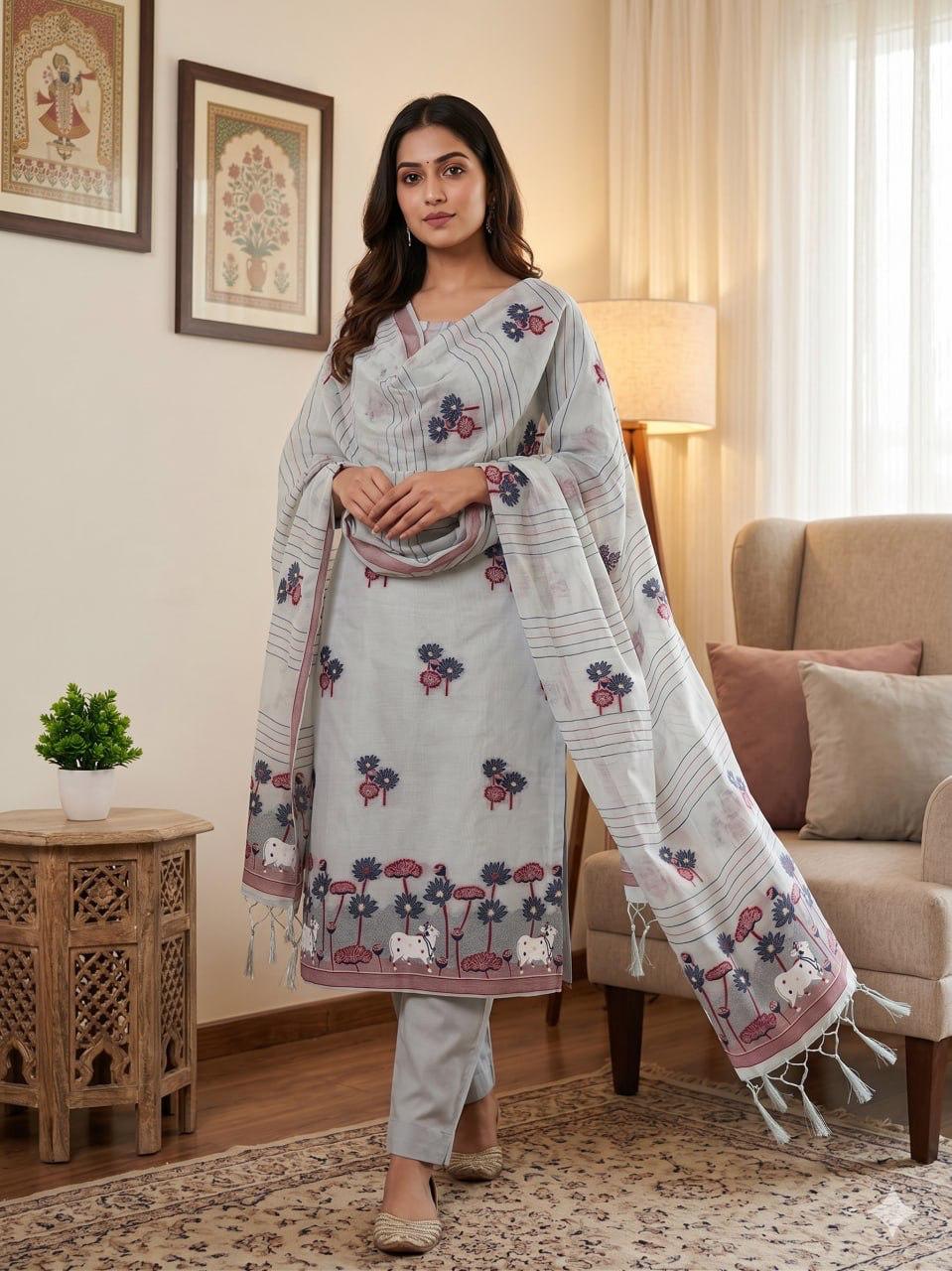 Grey Pure Muga Cotton Jamdani Pichai Weaving Salwar Suit 