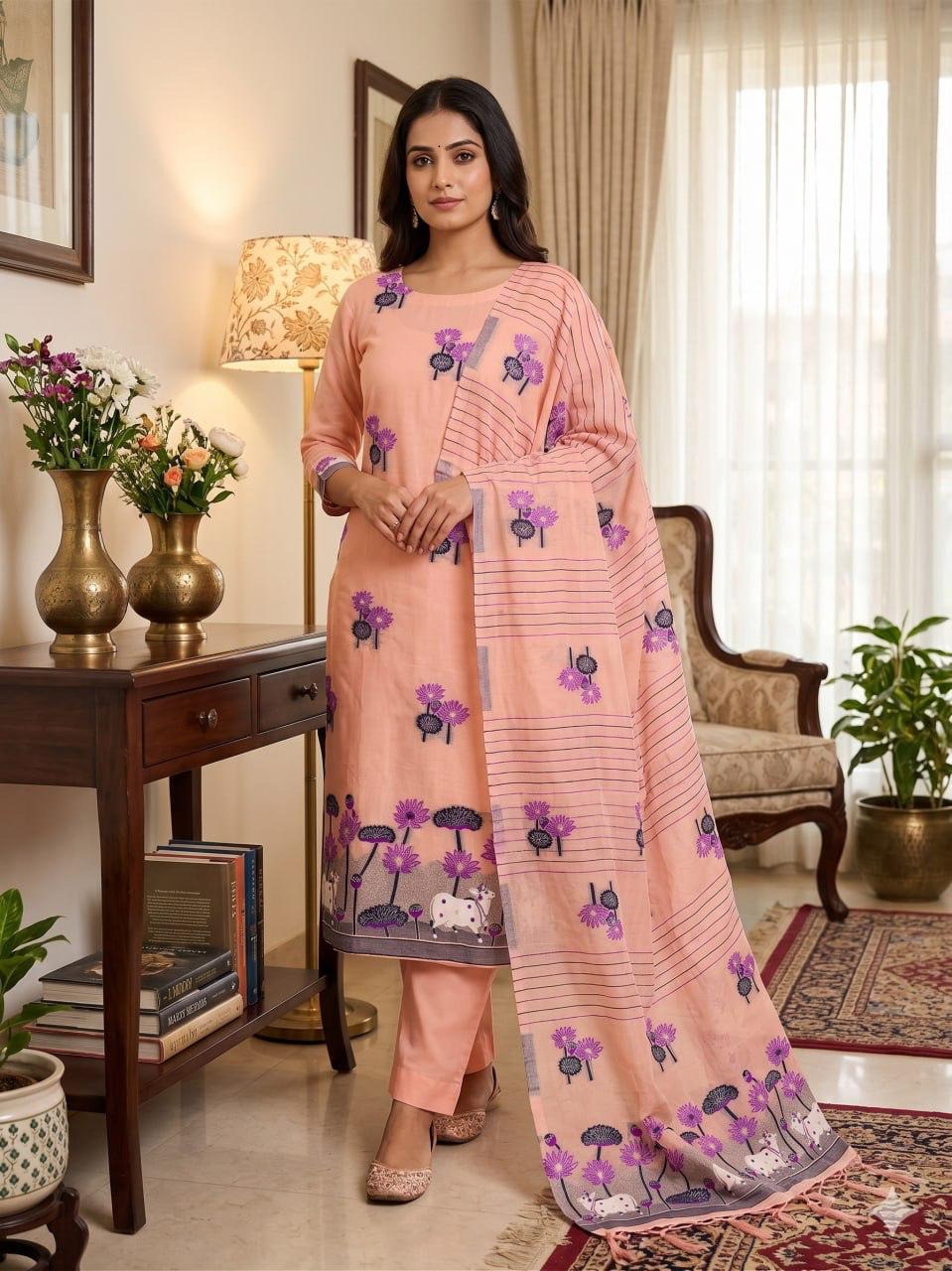 Peach Pure Muga Cotton Jamdani Pichai Weaving Salwar Suit 