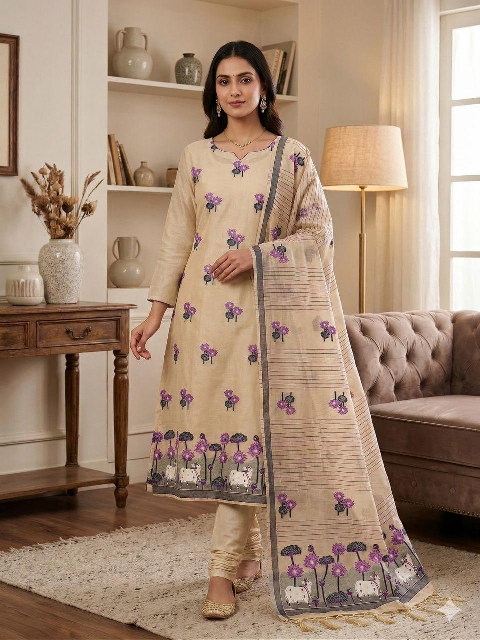 Chiku Pure Muga Cotton Jamdani Pichai Weaving Salwar Suit 