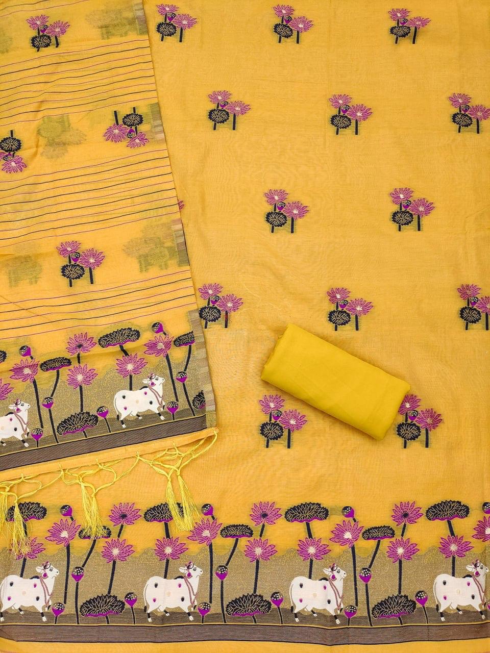 Yellow Pure Muga Cotton Jamdani Pichai Weaving Salwar Suit 