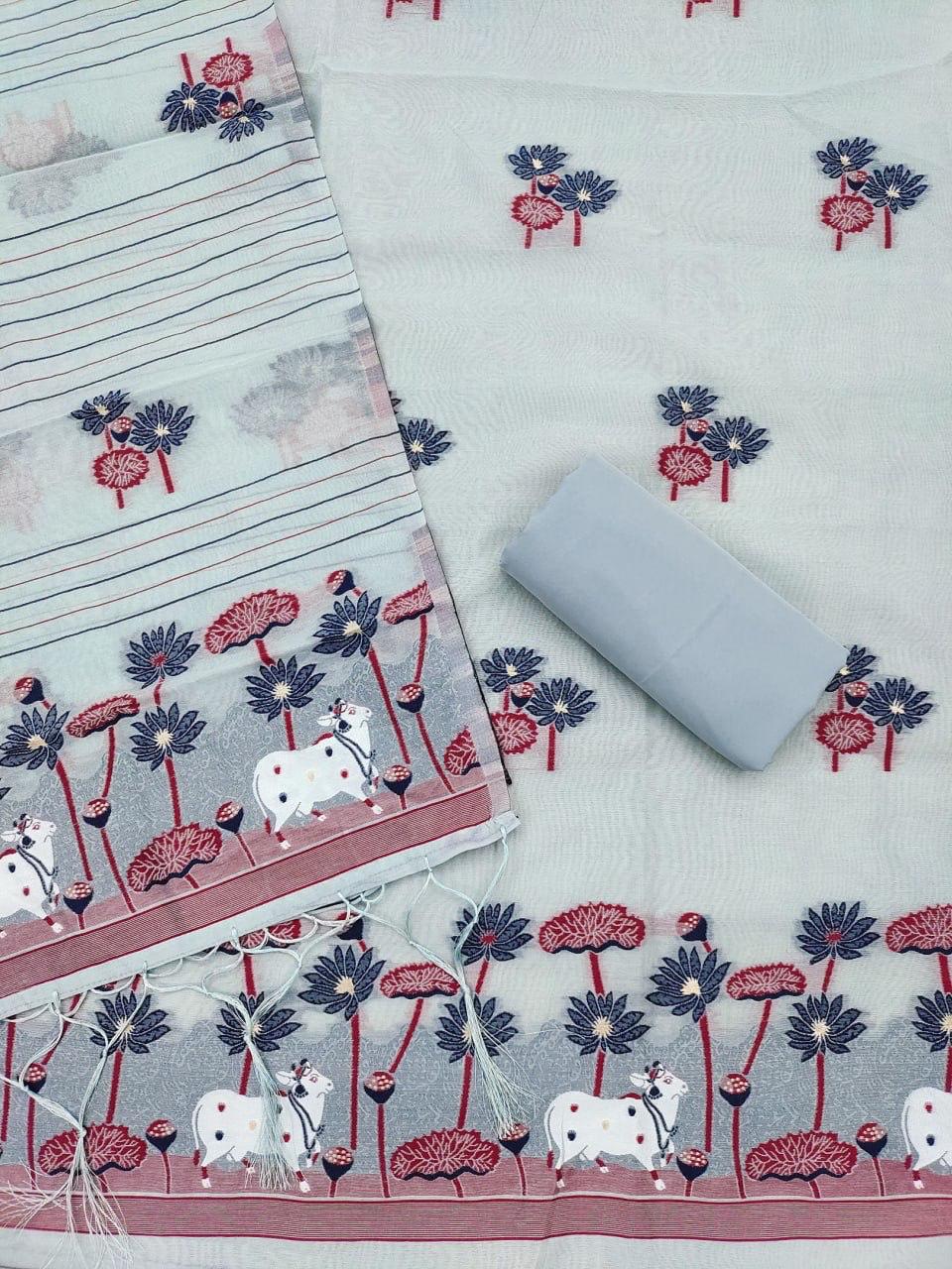 Grey Pure Muga Cotton Jamdani Pichai Weaving Salwar Suit 