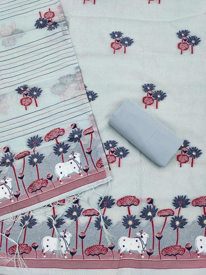 Grey Pure Muga Cotton Jamdani Pichai Weaving Salwar Suit 