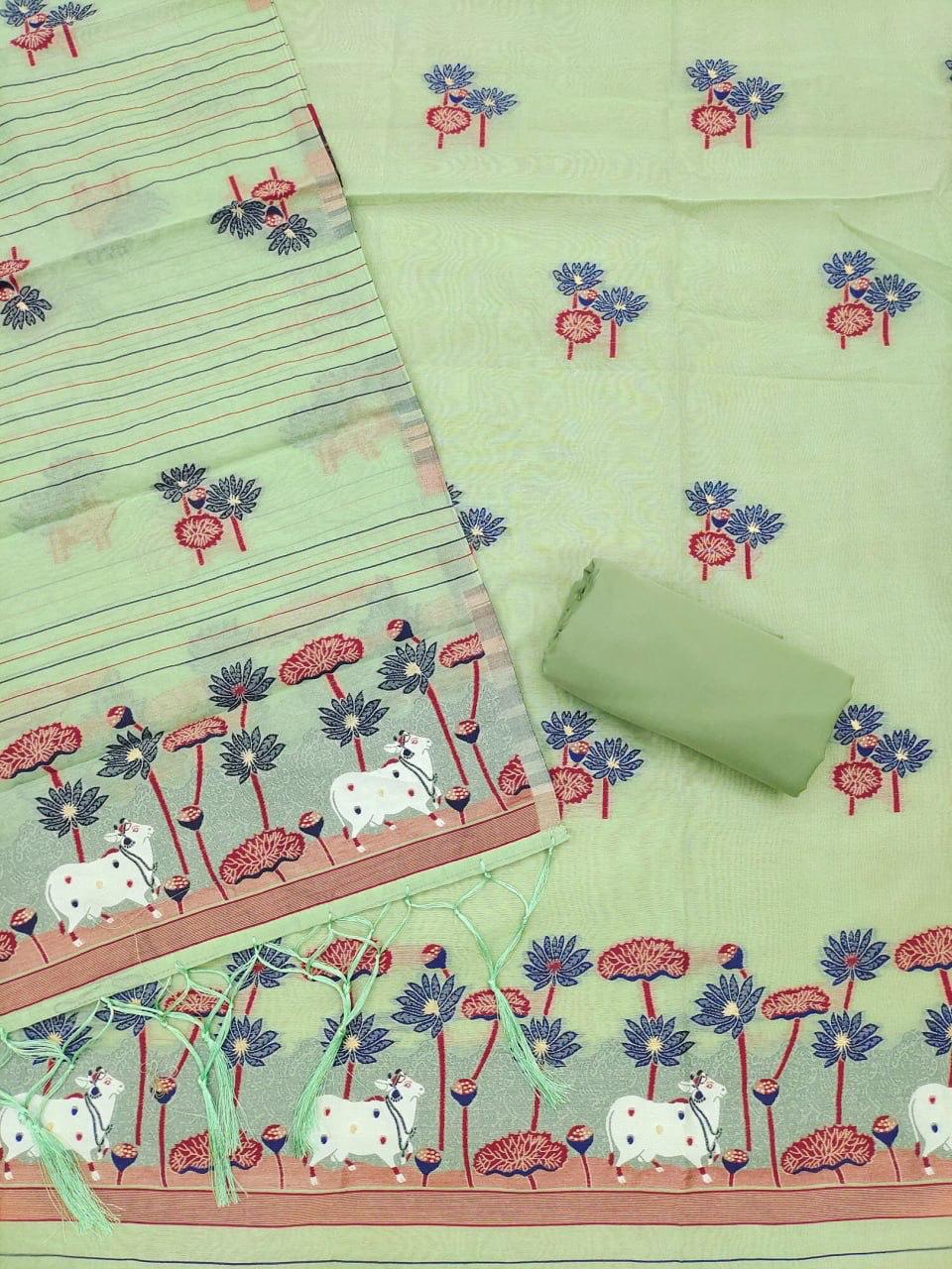 Green Pure Muga Cotton Jamdani Pichai Weaving Salwar Suit 