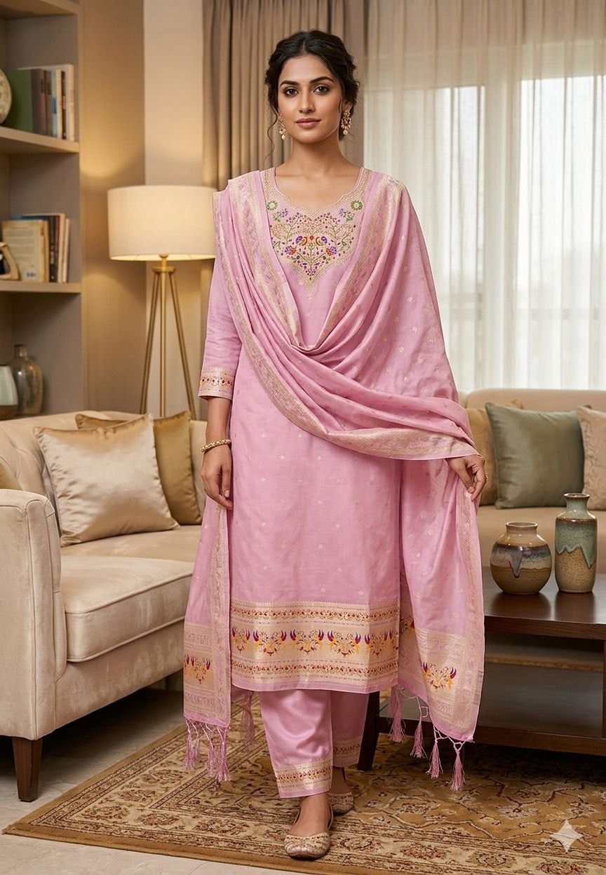 Pink Pure Zari Banarasi Silk Weaving Salwar Suit 