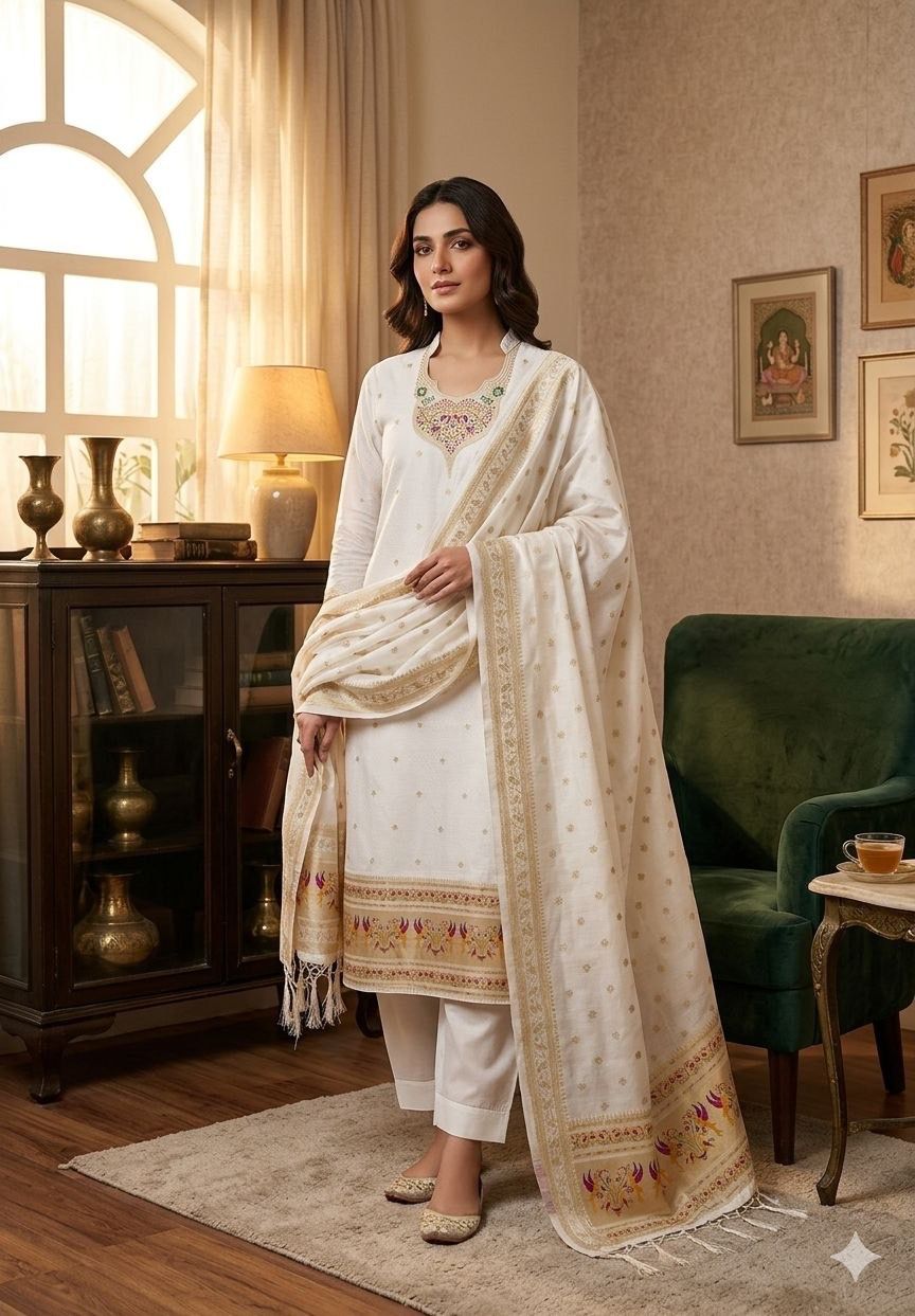 White Pure Zari Banarasi Silk Weaving Salwar Suit 