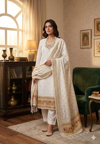 White Pure Zari Banarasi Silk Weaving Salwar Suit 