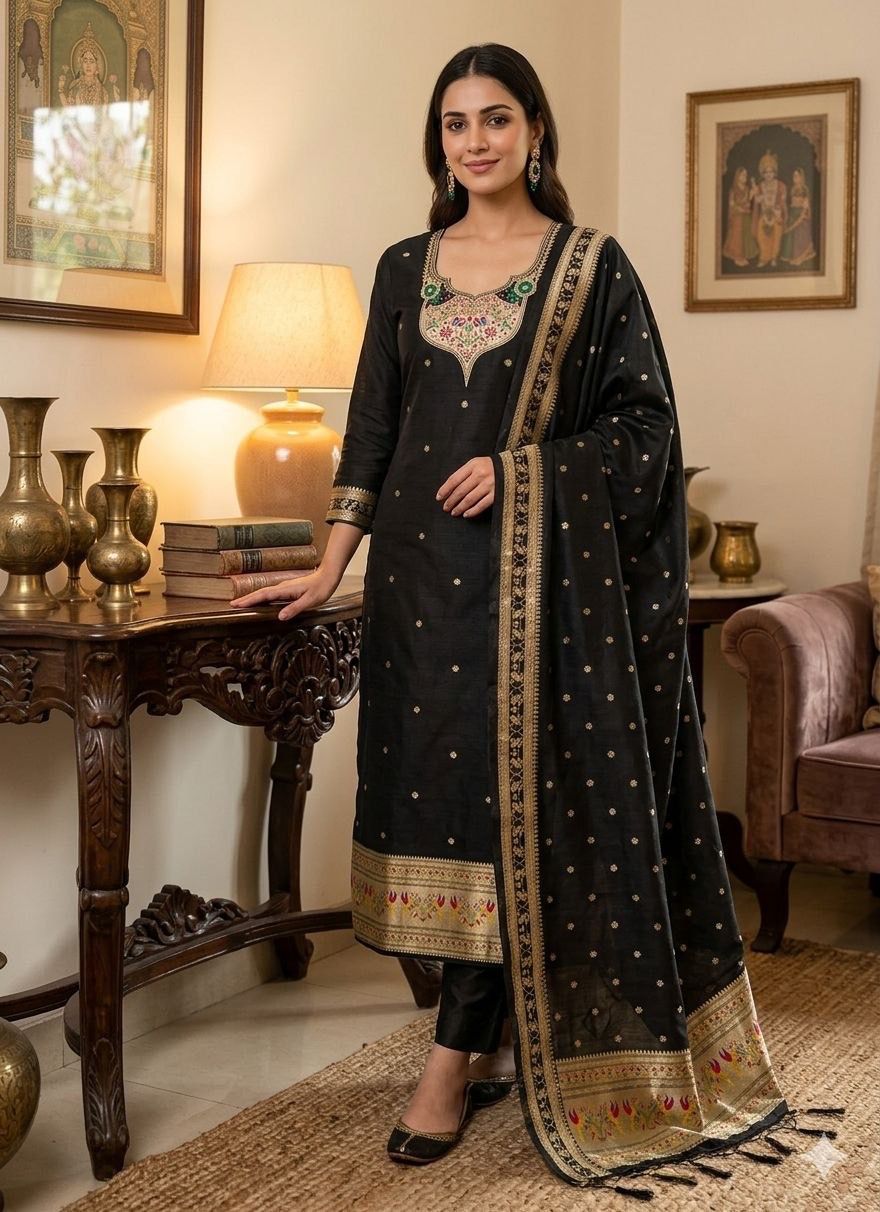 Black Pure Zari Banarasi Silk Weaving Salwar Suit 