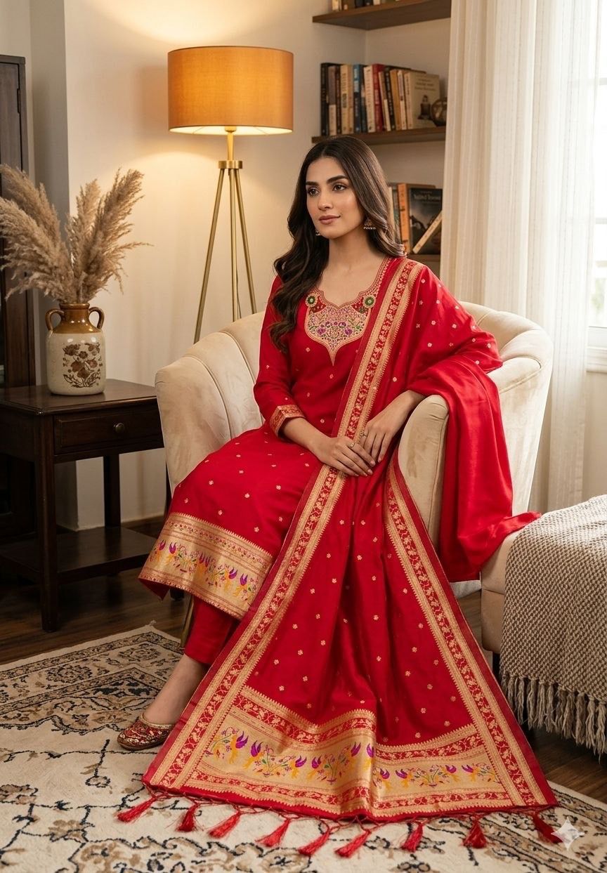 Red Pure Zari Banarasi Silk Weaving Salwar Suit 