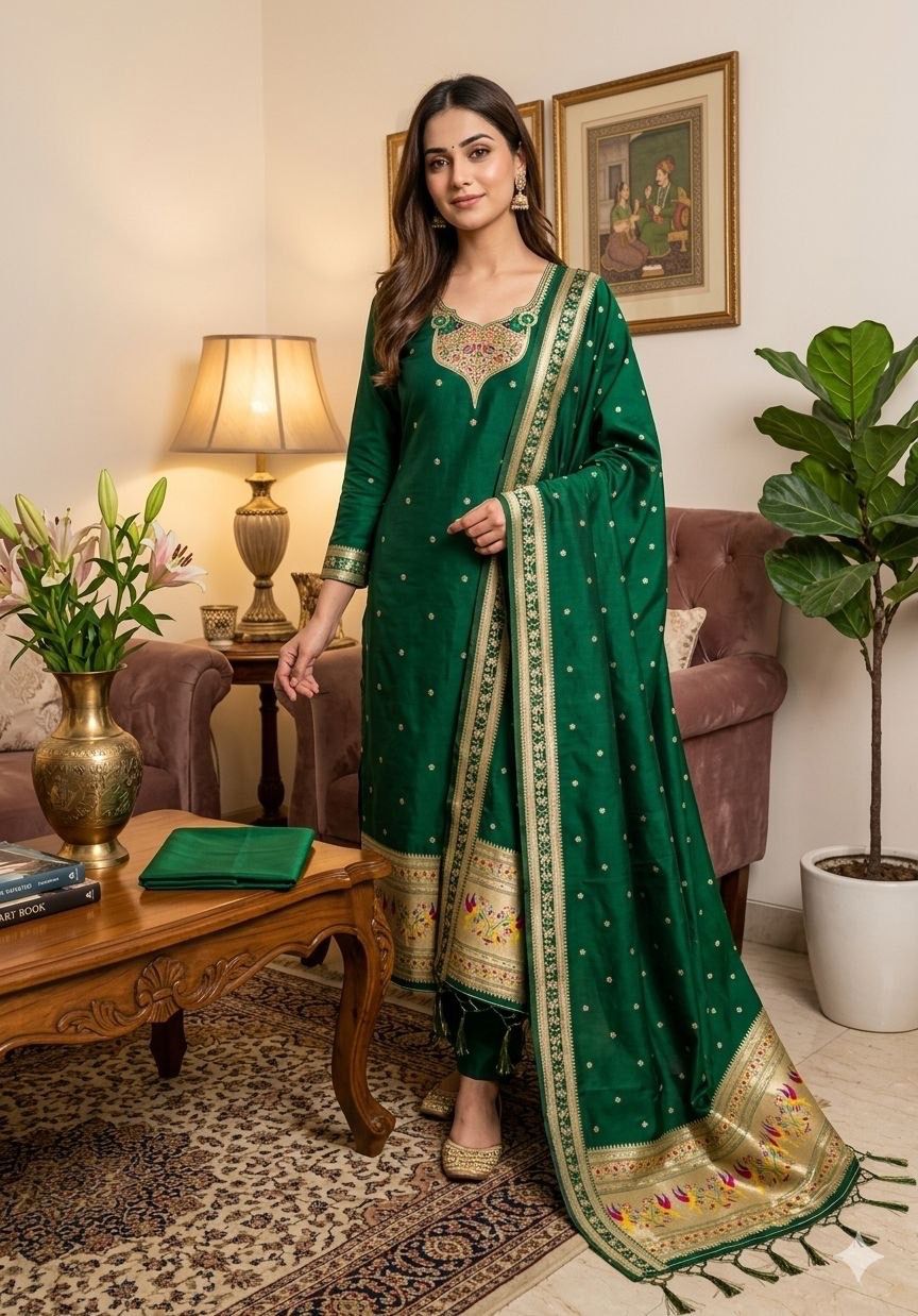 Green Pure Zari Banarasi Silk Weaving Salwar Suit 
