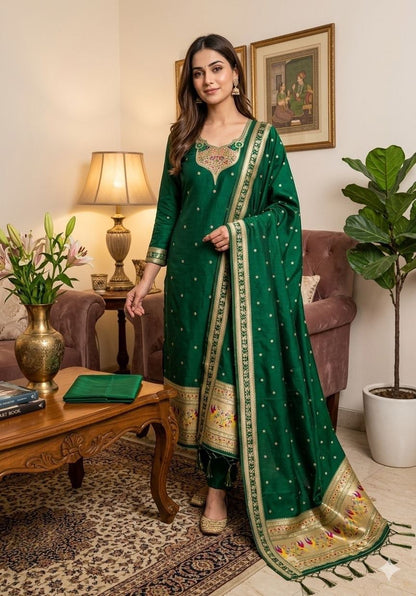 Green Pure Zari Banarasi Silk Weaving Salwar Suit 