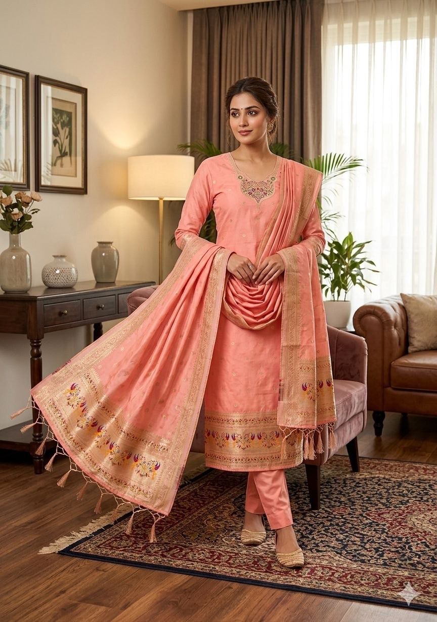 Peach Pure Zari Banarasi Silk Weaving Salwar Suit 