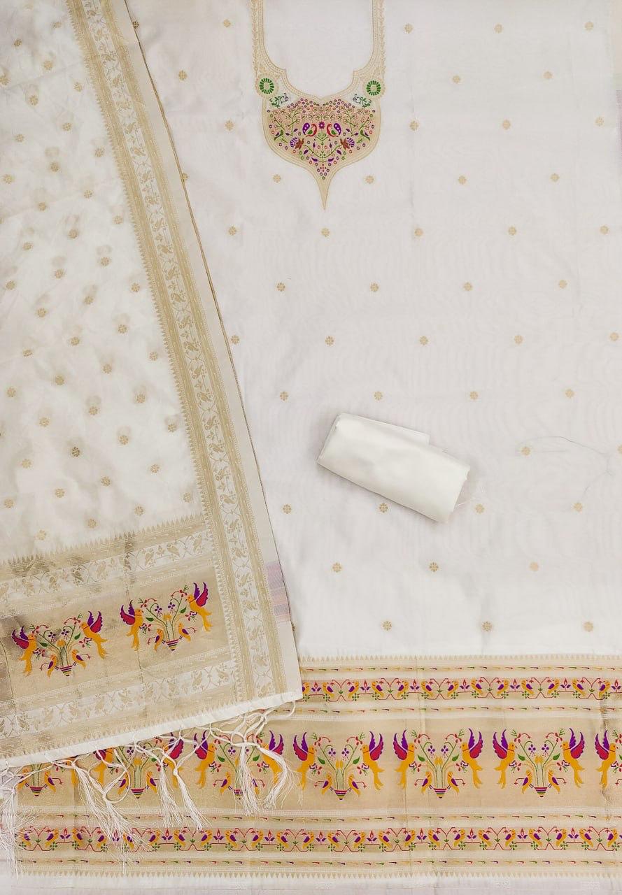 White Pure Zari Banarasi Silk Weaving Salwar Suit 