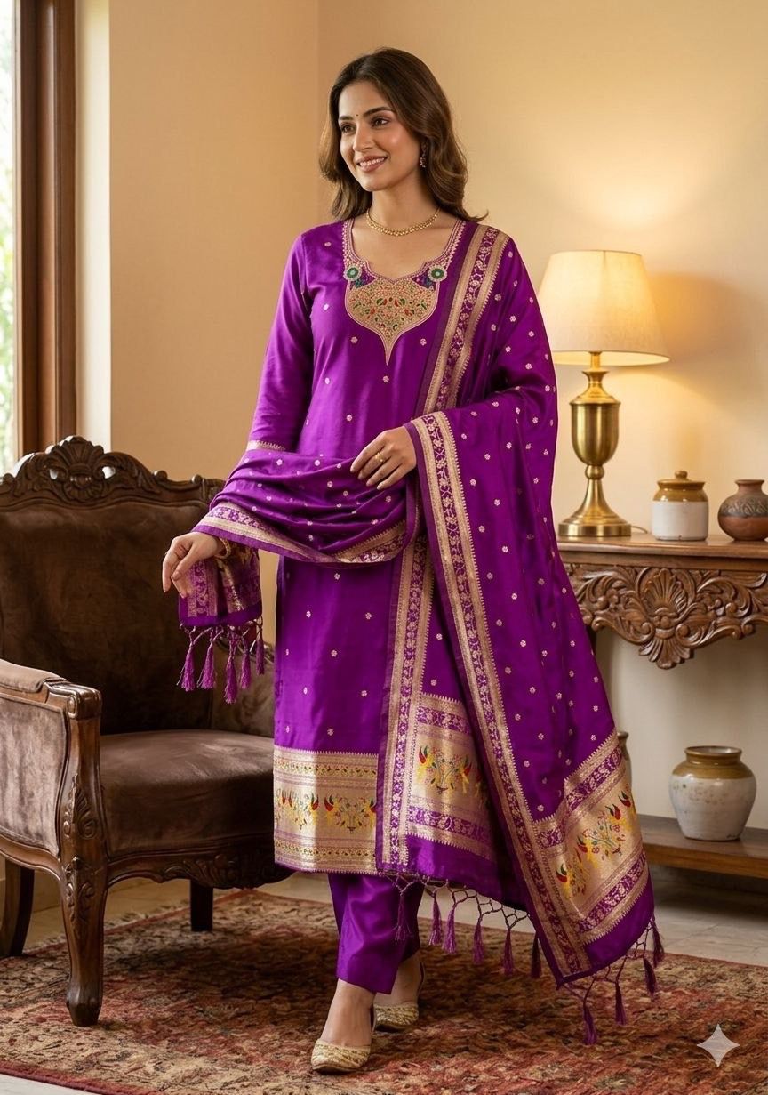Purple Pure Zari Banarasi Silk Weaving Salwar Suit 
