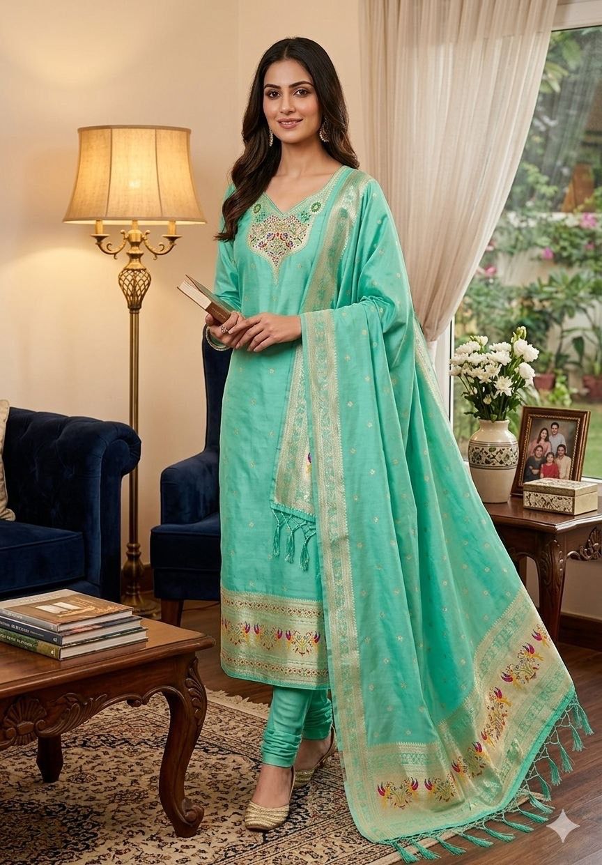 Green Pure Zari Banarasi Silk Weaving Salwar Suit 