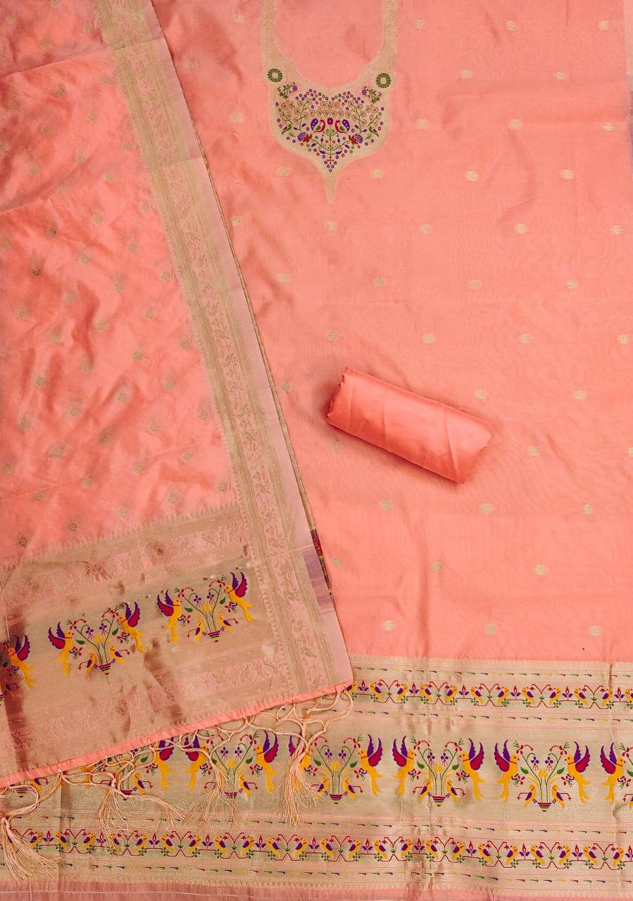 Peach Pure Zari Banarasi Silk Weaving Salwar Suit 