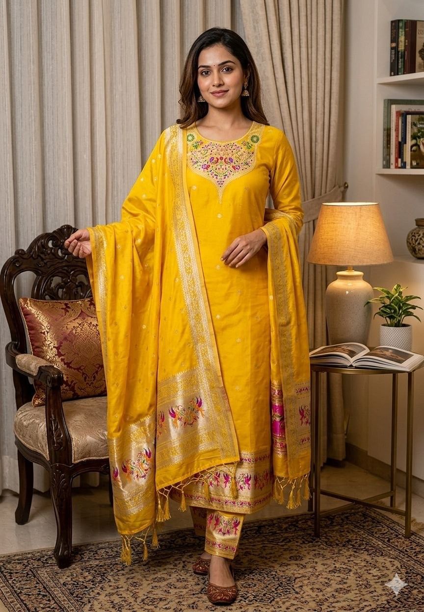 Yellow Pure Zari Banarasi Silk Weaving Salwar Suit 