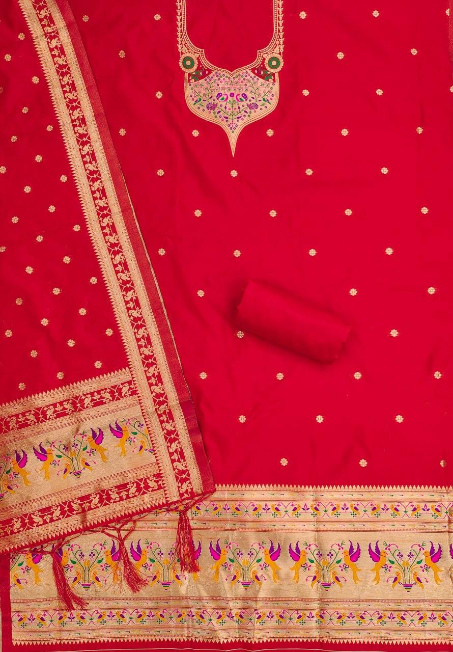 Red Pure Zari Banarasi Silk Weaving Salwar Suit 
