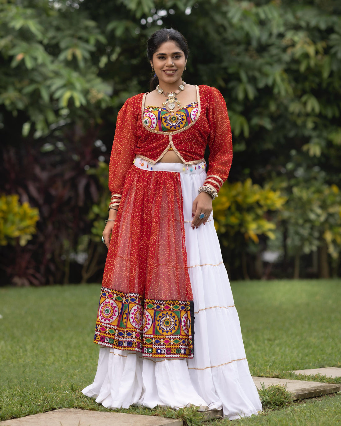 Red Pure Rayon Cotton With Faux Print Navratri Lehenga Choli 
