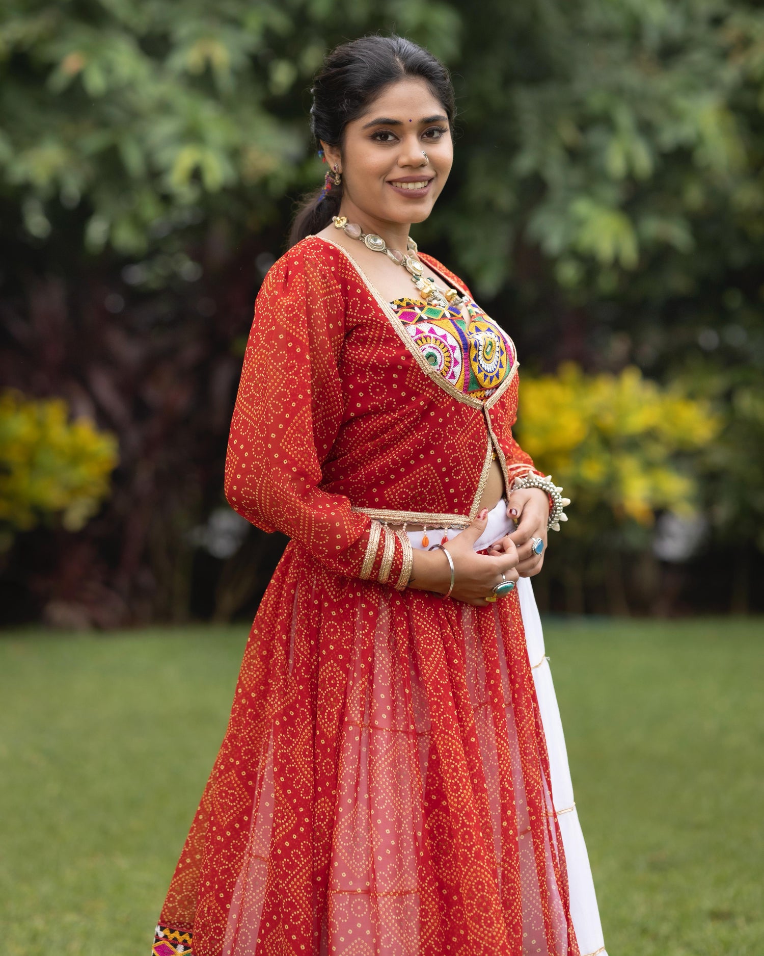 Red Pure Rayon Cotton With Faux Print Navratri Lehenga Choli 