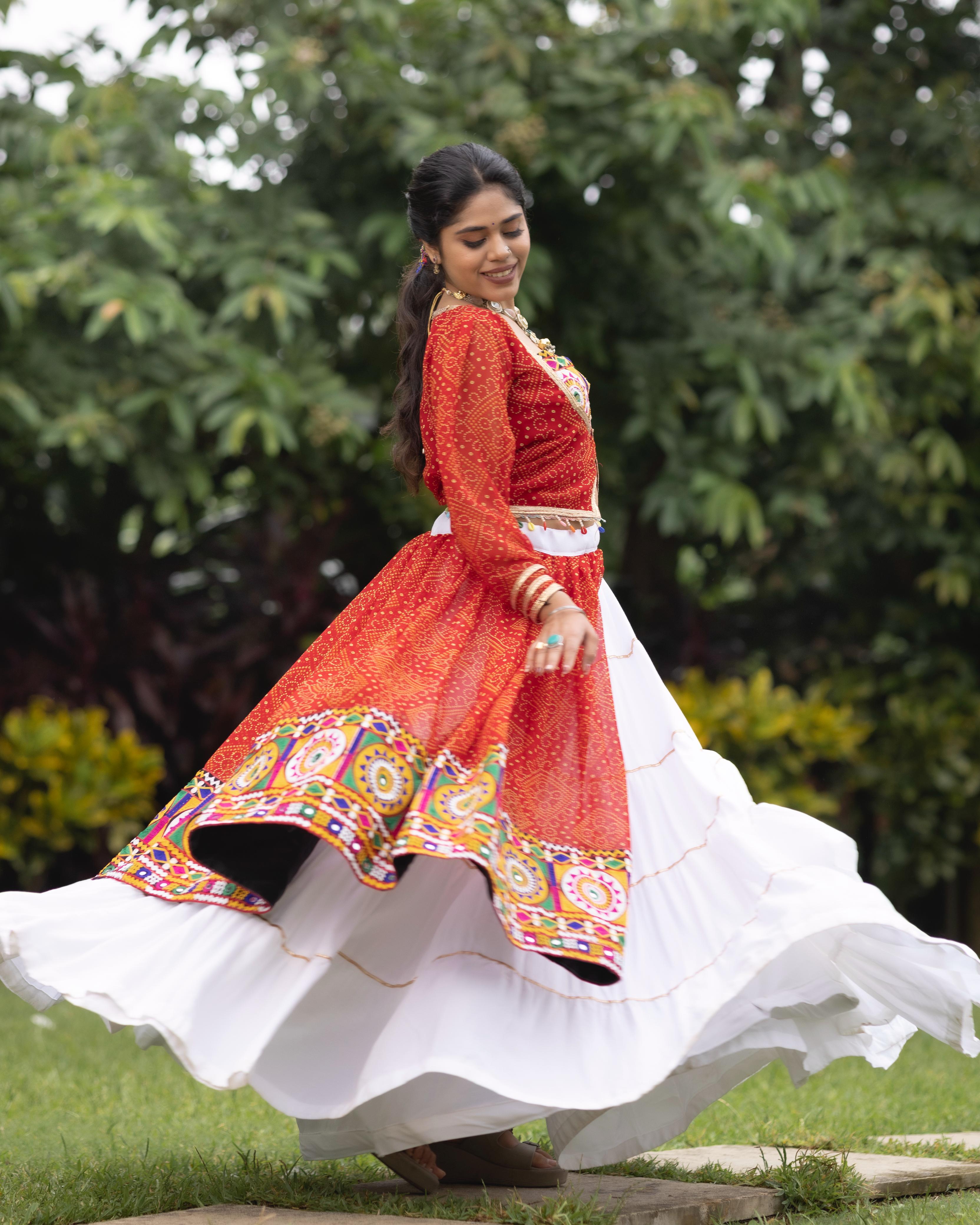Red Pure Rayon Cotton With Faux Print Navratri Lehenga Choli 