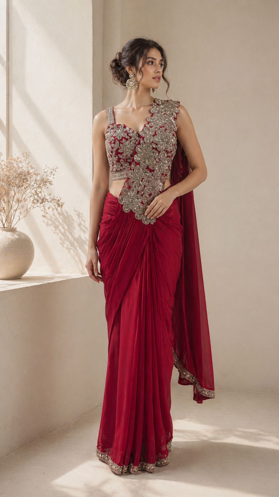 Red Pure Imported Fendi Silk Ready to Wear Saree