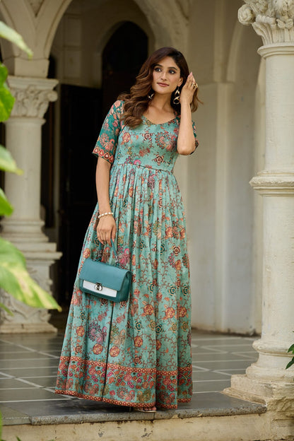 Green Pure Silk Blend Anarkali Gown 