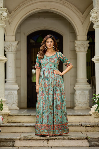 Green Pure Silk Blend Anarkali Gown 