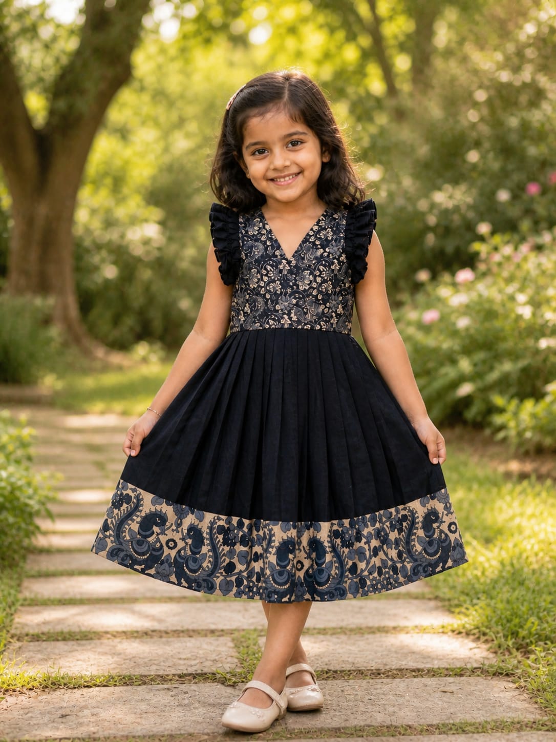 Black Pure Cotton Blend Heavy Printed Kids Gown 