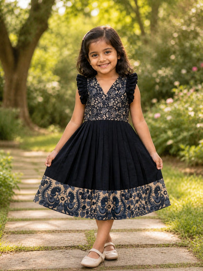 Black Pure Cotton Blend Heavy Printed Kids Gown 