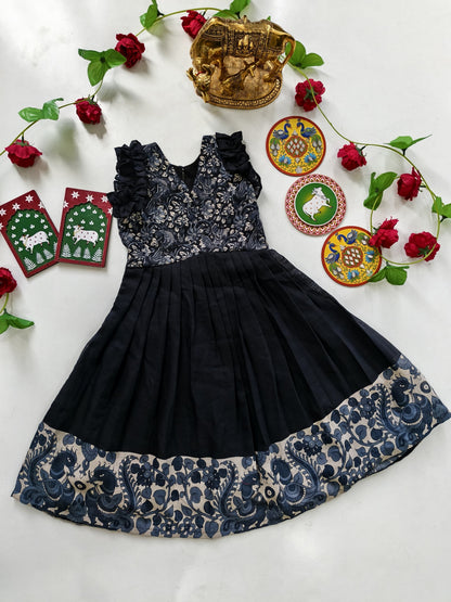 Black Pure Cotton Blend Heavy Printed Kids Gown 