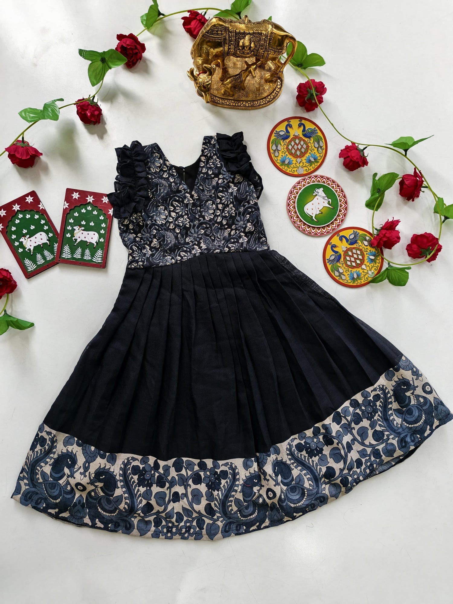 Black Pure Cotton Blend Heavy Printed Kids Gown 