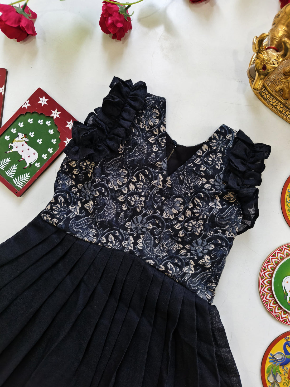 Black Pure Cotton Blend Heavy Printed Kids Gown 
