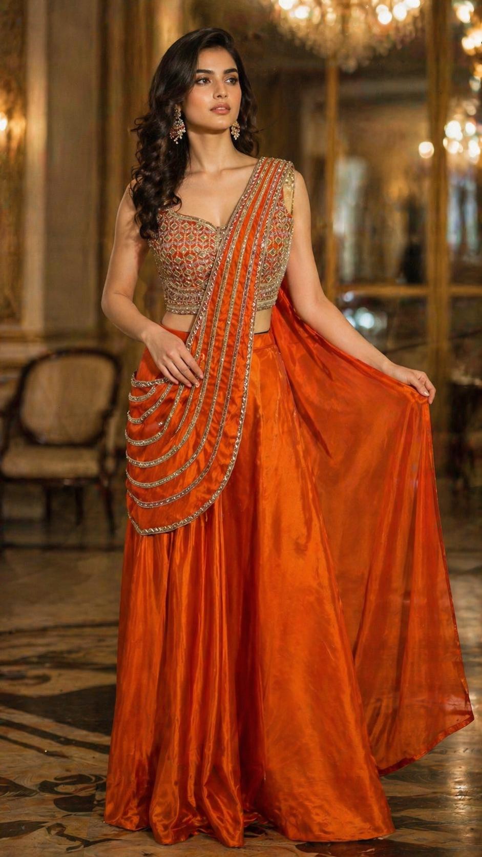 Orange Pure Imported Fendi Silk Ready to Wear Saree