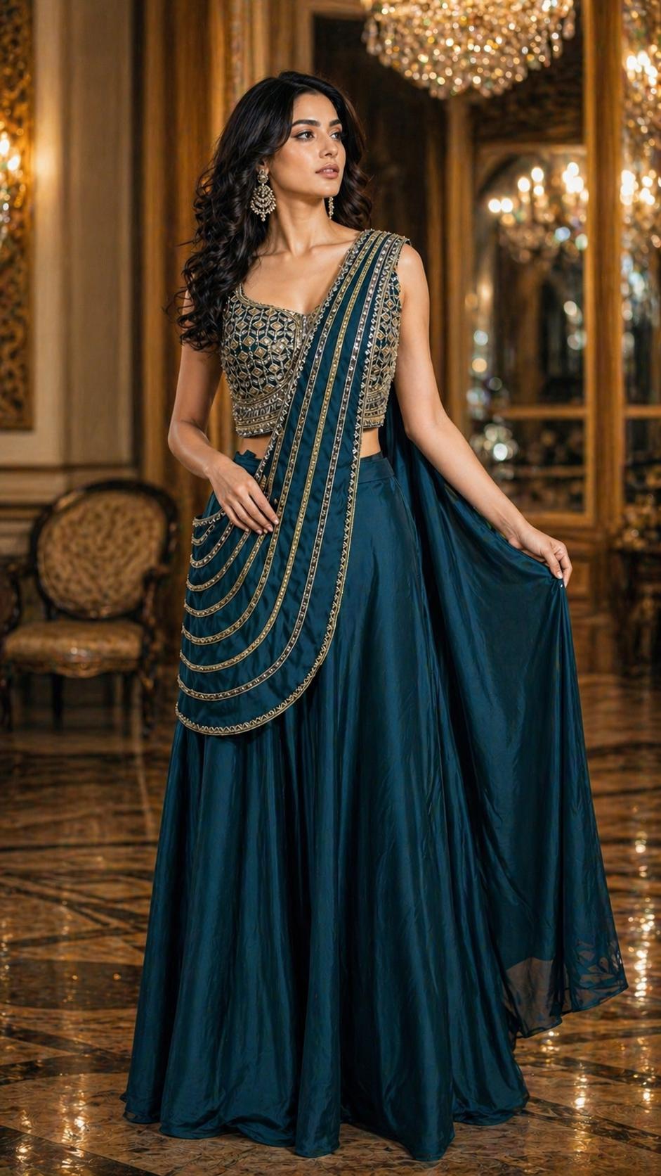 Dark Teal Pure Imported Fendi Silk Ready to Wear Saree