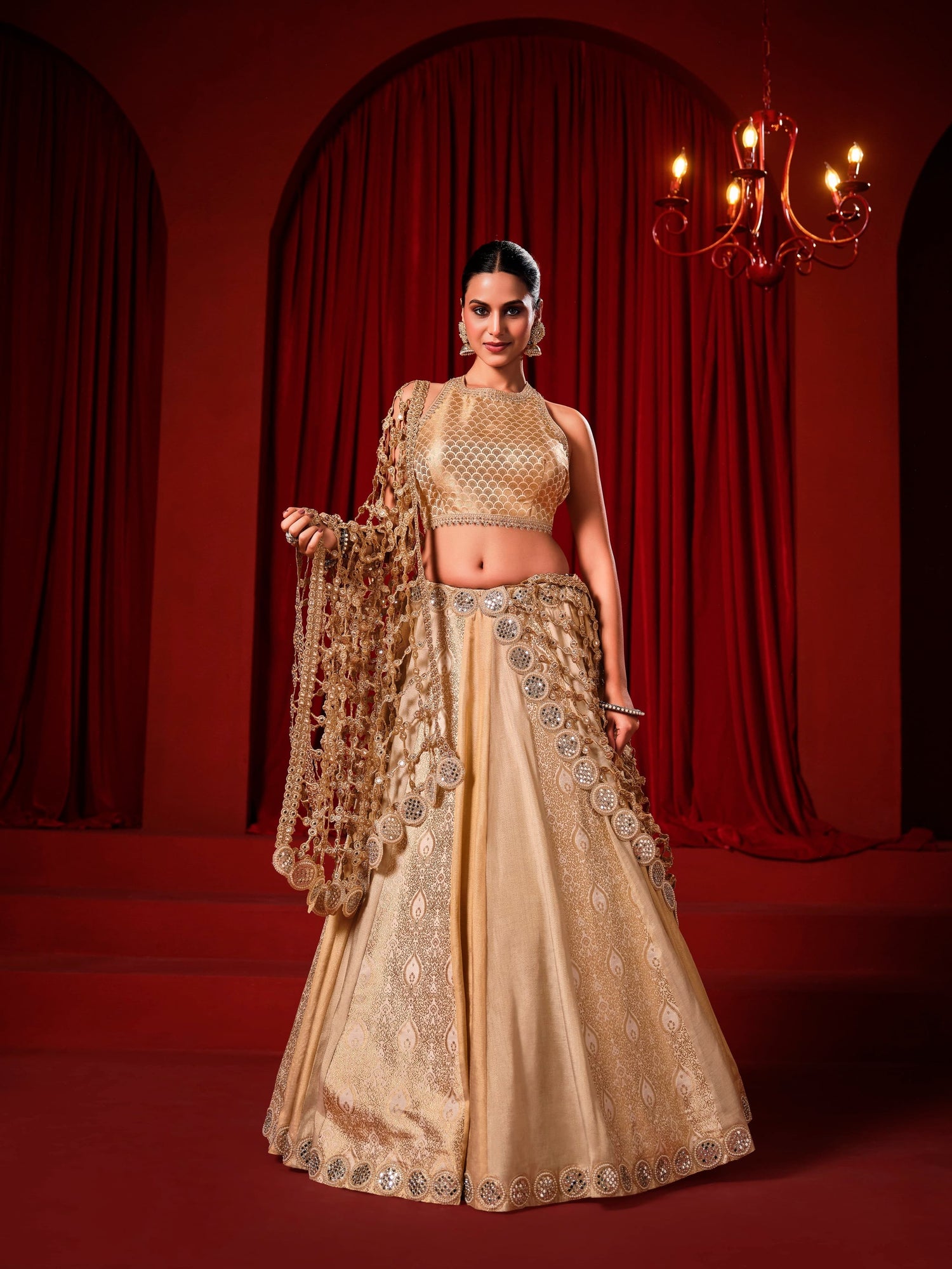 Gold Tissue Silk Lehenga Choli with Heavy Embroidery