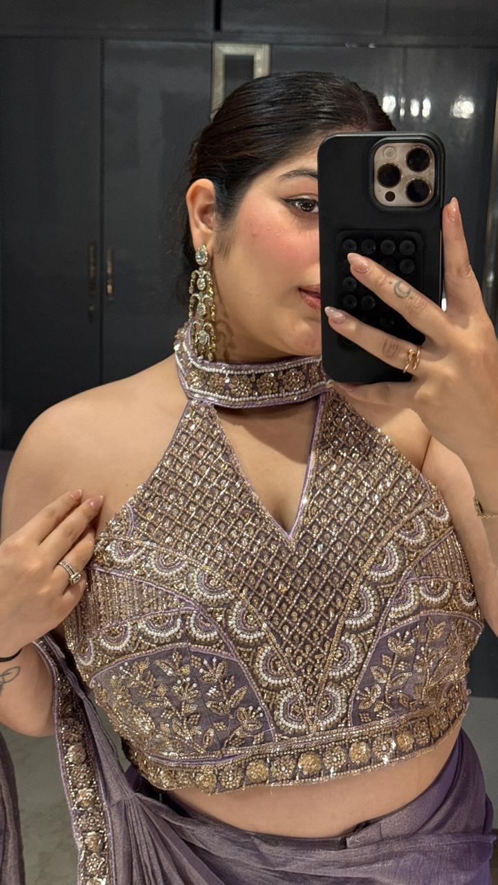Lavender Pure Imported Fendi Silk Ready to Wear Saree