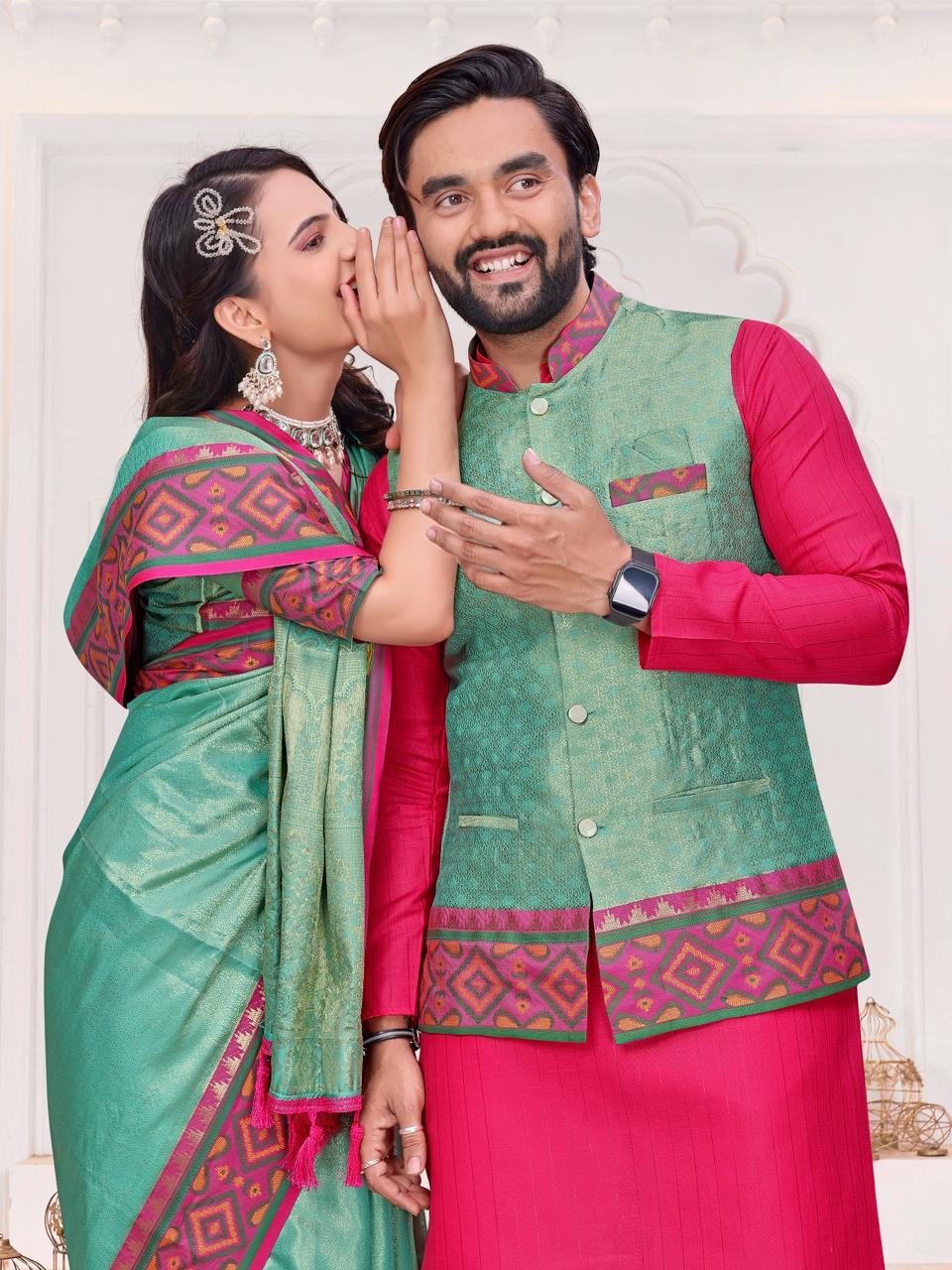 Green Pure Jecqard Weaving Silk Saree With Kurta Pajama Jacket Matching Couple Combo Set