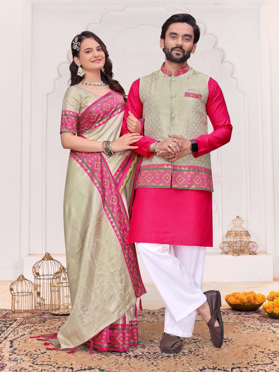 Cream Pure Jecqard Weaving Silk Saree With Kurta Pajama Jacket Matching Couple Combo Set