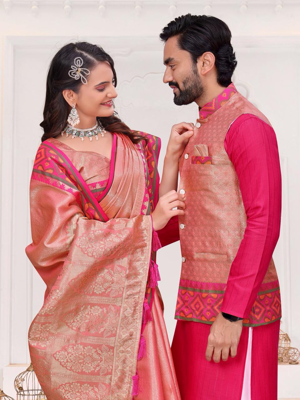 Peach Pure Jecqard Weaving Silk Saree With Kurta Pajama Jacket Matching Couple Combo Set
