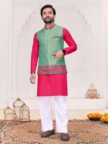 Green Pure Jecqard Weaving Silk Saree With Kurta Pajama Jacket Matching Couple Combo Set