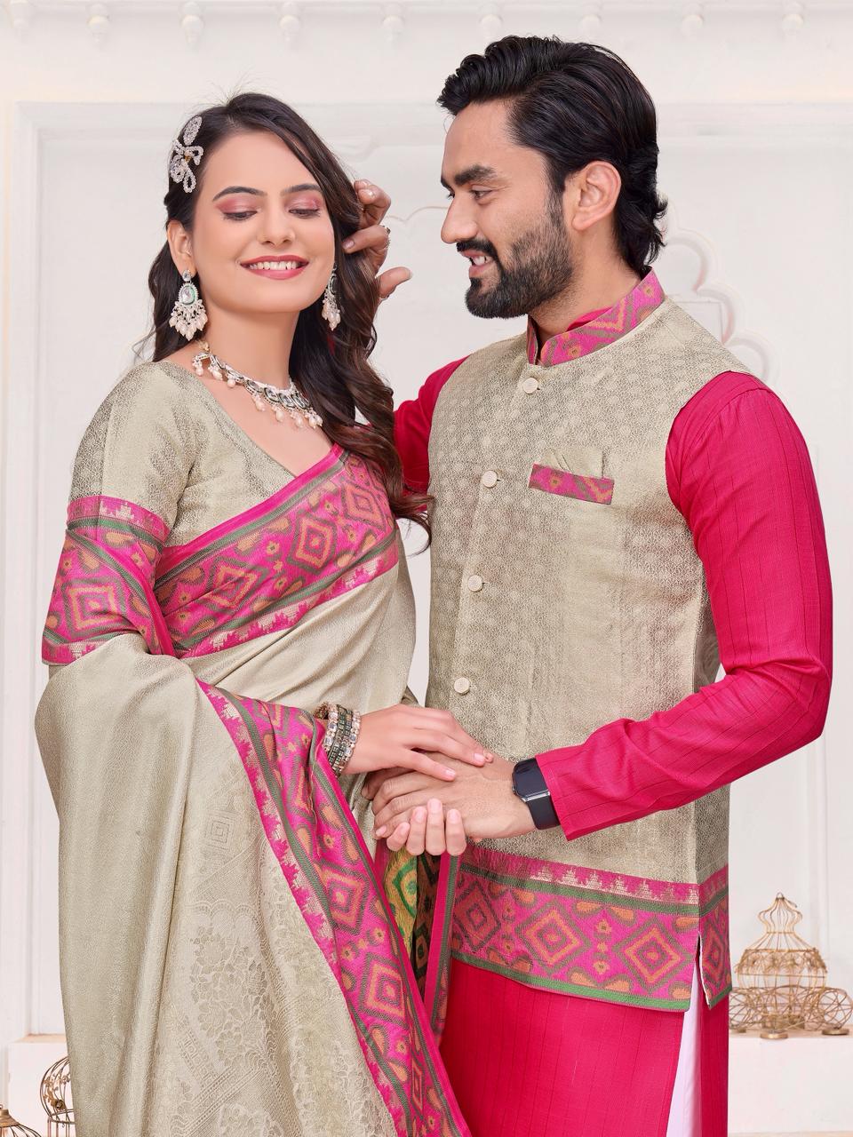 Cream Pure Jecqard Weaving Silk Saree With Kurta Pajama Jacket Matching Couple Combo Set