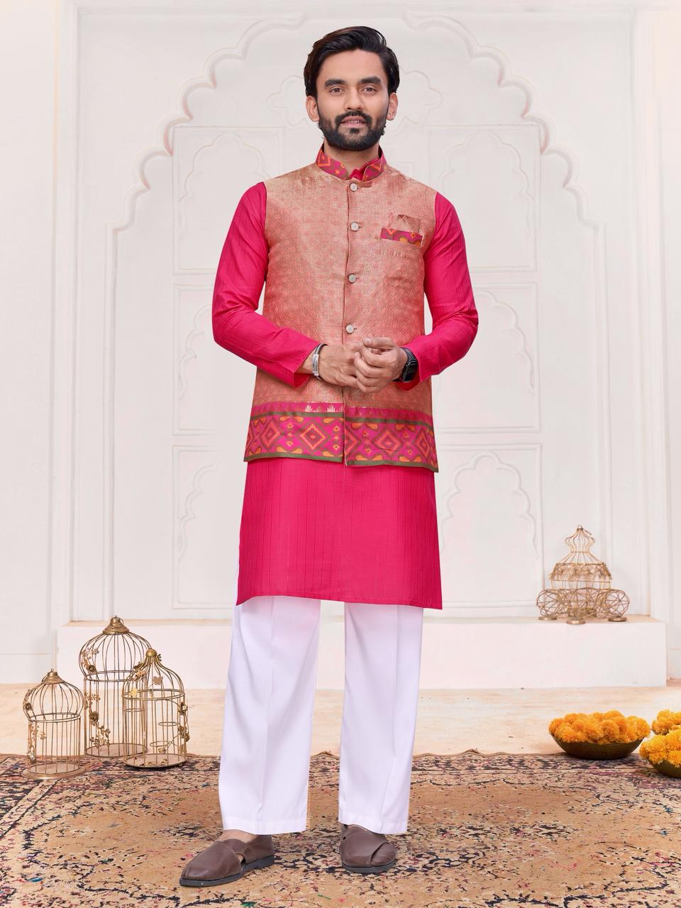 Peach Pure Jecqard Weaving Silk Saree With Kurta Pajama Jacket Matching Couple Combo Set