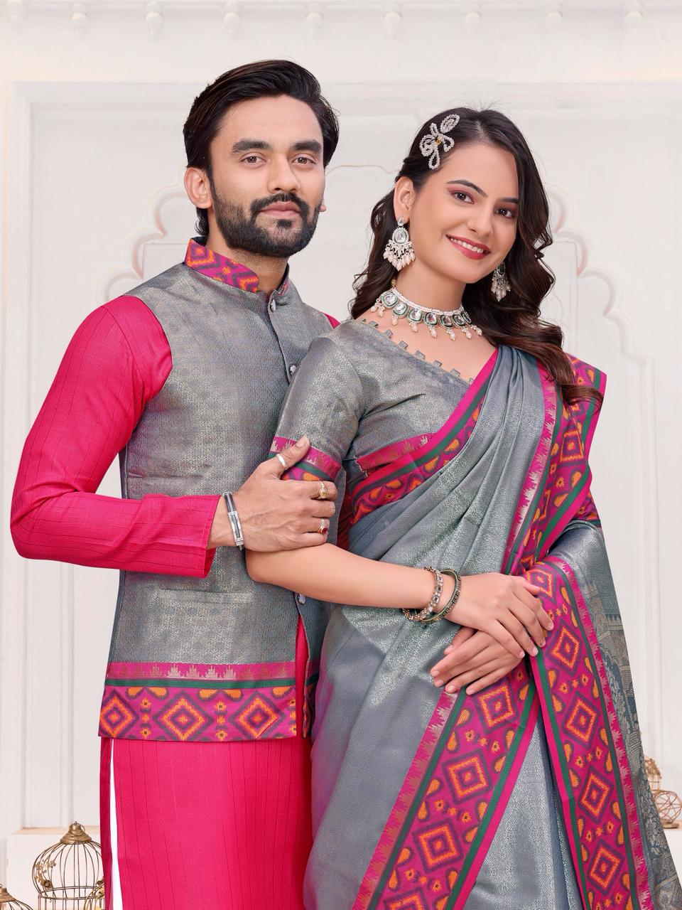 Grey Pure Jecqard Weaving Silk Saree With Kurta Pajama Jacket Matching Couple Combo Set